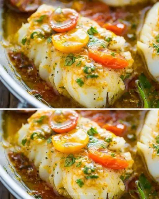 Cabillaud au Vin Blanc, Tomate et Basilic
