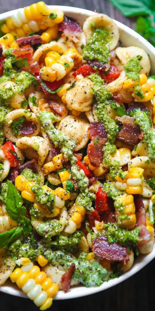 Salade de Pâtes au Maïs avec Bacon, Poivron et Sauce Pesto Crémeuse